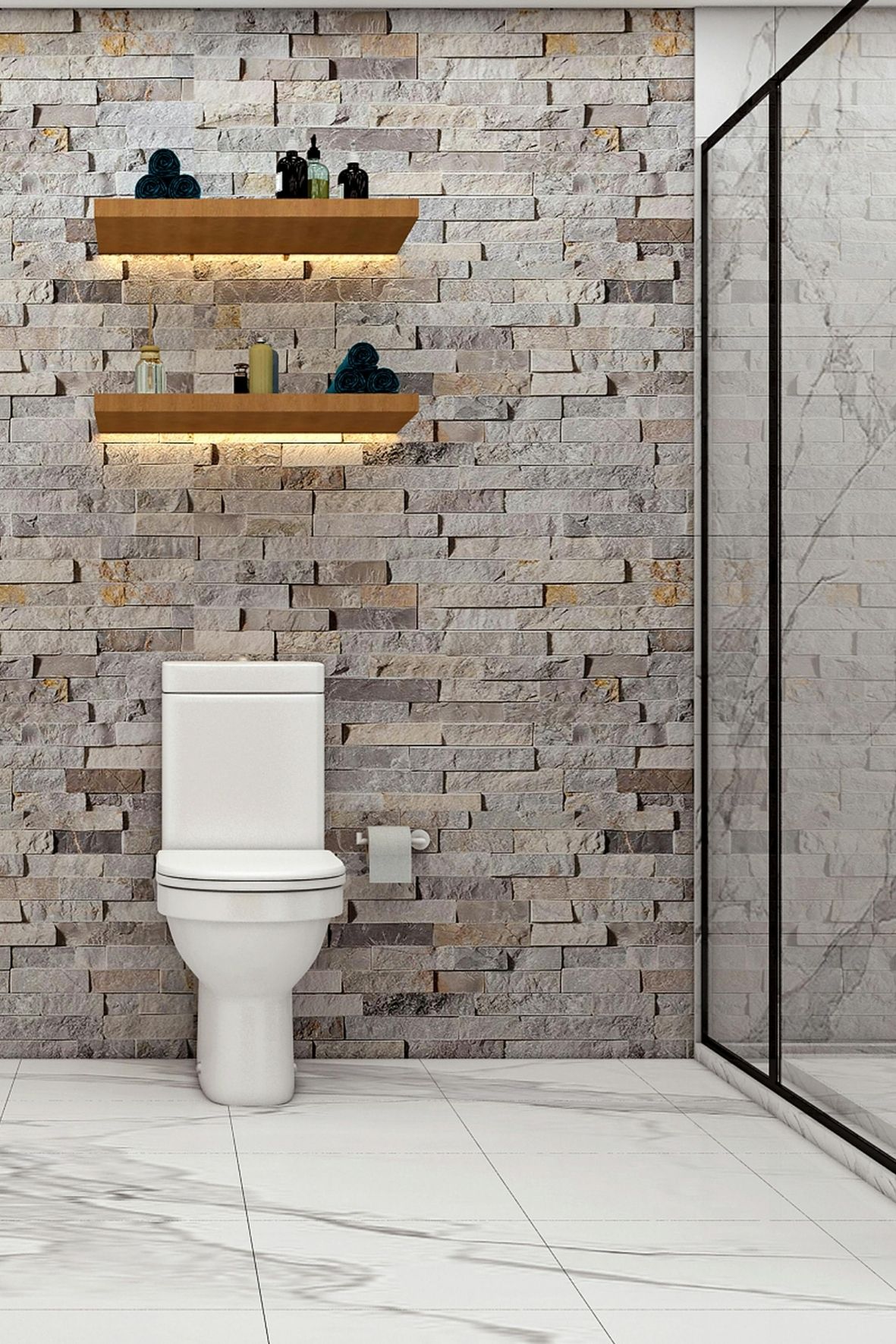 Salle de bain intégrant des WC avec mur en parement de pierre, étagères murales et finitions contrastées à Oka