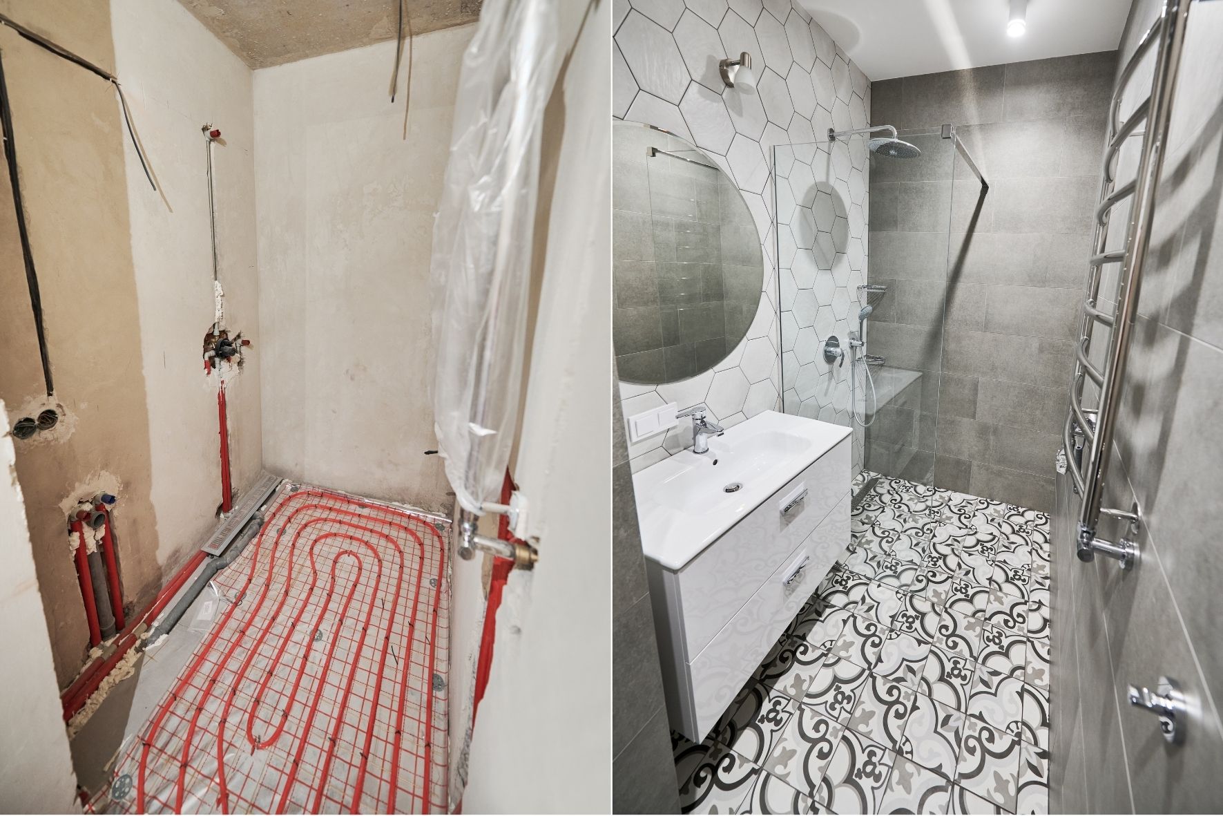 Comparaison visuelle entre une salle de bain en travaux et une salle de bain aménagée  à Rosemont